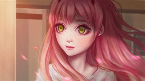 2048x1152 Cute Anime Girl Pink Hairs Red Eyes 2048x1152 Resolution Hd