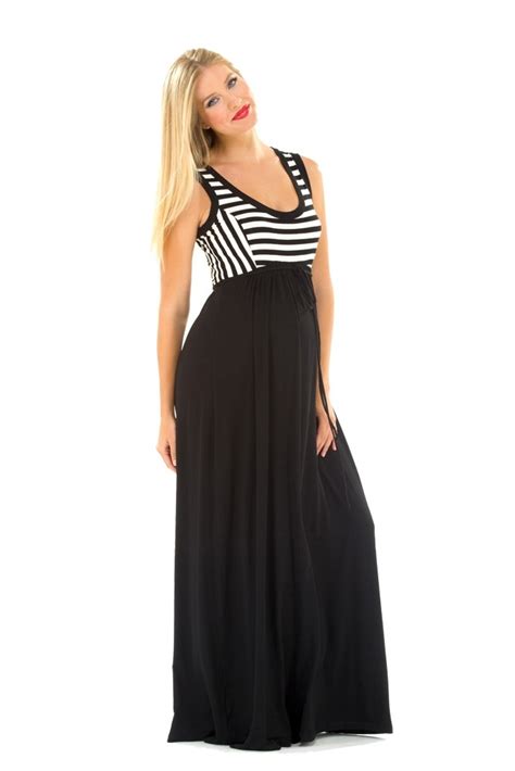 Rianna Maxi Maternity Dress In Black And Ivory Stripes By Olian