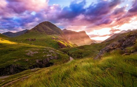 Wallpaper Road Summer The Sky Clouds Mountains Valley Scotland