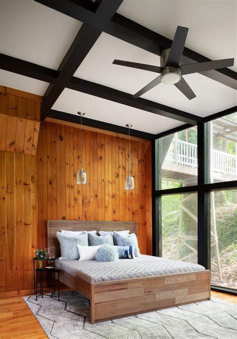 Mid Century Modern Living Room With Vaulted And Beamed Ceiling