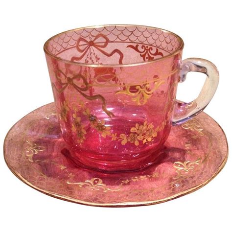 Moser Cranberry Cup And Saucer With Raised Gold Gilding C1900 From A Unique Collection Of