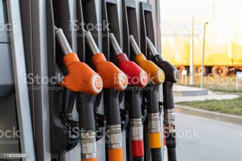 Pumps With Different Types Of Gasoline And Diesel Fuel At A Gas Station