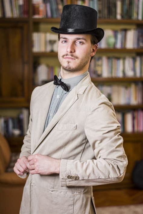 Attractive Young Man Wearing Top Hat And Bow Tie Stock Image Image Of