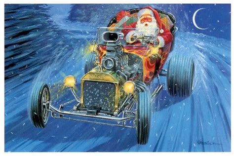 Santa’s New Ride Hot Rod Christmas Cards Automotive Art Car Cartoon
