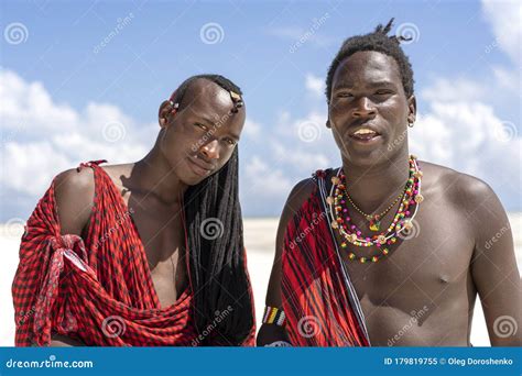 African Man Masai Dressed In Traditional Clothes In Zanzibar Tanzania