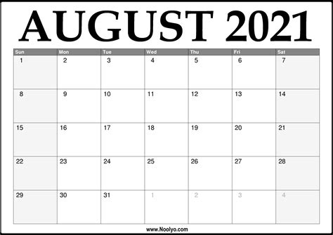 2021 August Calendar Printable Download Free