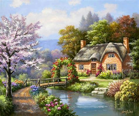 A Painting Of A Cottage With Flowers And Trees In The Foreground Near