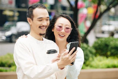 Chinese Couple Taking Selfie Stock Image Image Of Outdoors