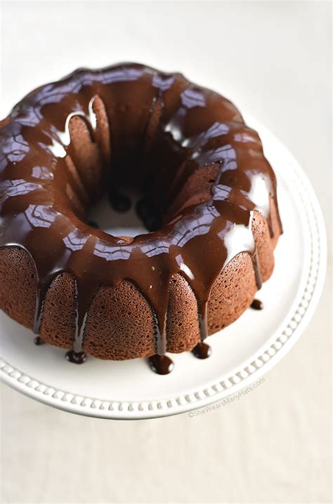 Pour batter in greased bundt pan and bake at 350 degrees for 50 minutes. Chocolate Bundt Cake with Chocolate Espresso Glaze | She ...