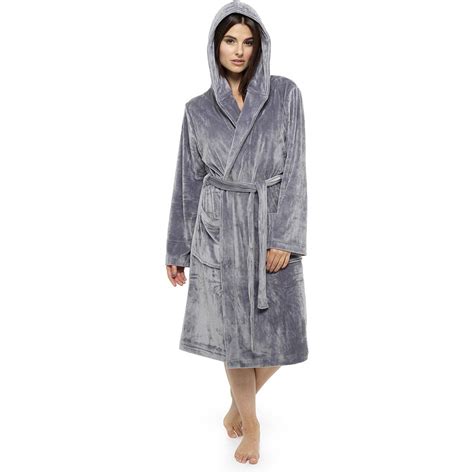 Ladies Luxurious Soft Dressing Gown Hooded Plain Fluffy Snuggle Fleece Warm Robe Ebay