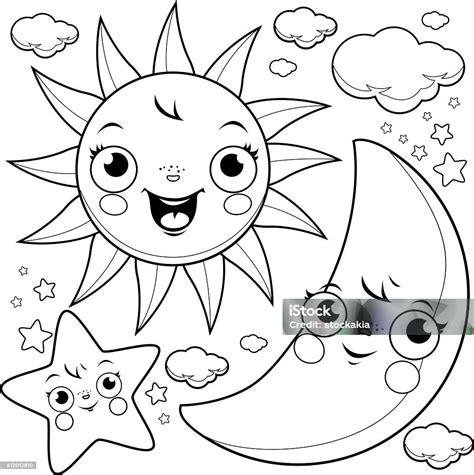 Sun Moon And Stars Coloring Page Stock Illustration Download Image