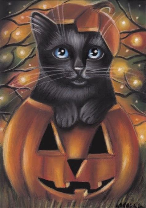 Black Cat Kitten Halloween Pumpkin Original 7x5 Art Painting By Marta
