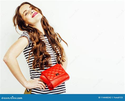 Young Pretty Stylish Brunette Hipster Girl Posing Emotional Isol Stock