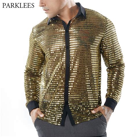 Gold Shiny Sequin Shirt Men 2018 Sexy See Through Transparent Chemise