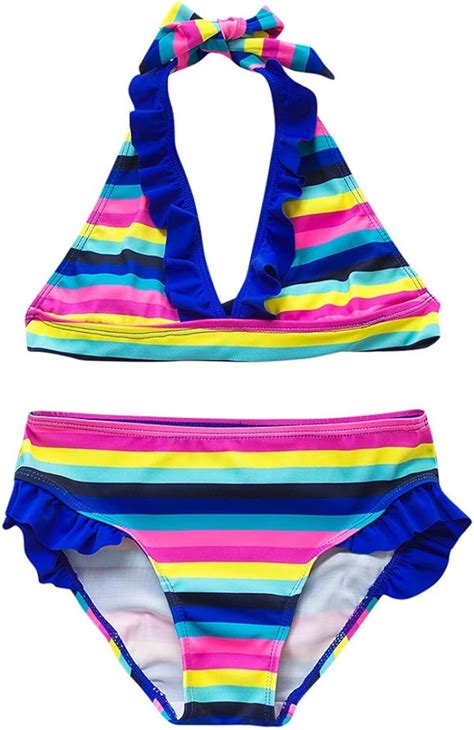 Funyplus Girls Sleeveless Ruffled Rainbow Stripe Split Swimsuit Bikini