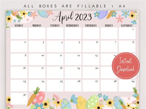 Editable April 2023 Calendar Printable Calendar Fillable Etsy