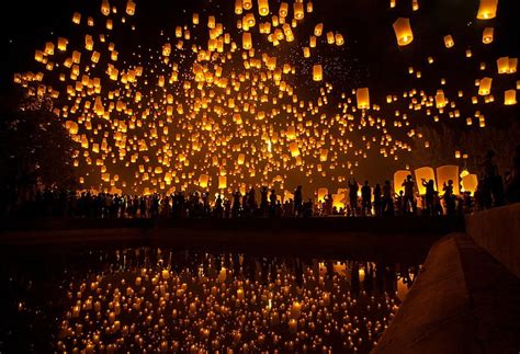 Hd Wallpaper Silhouette Lantern Festival Sky Lanterns Reflection