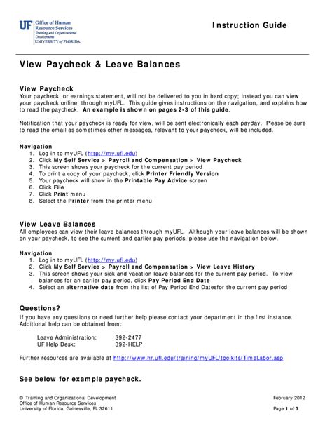 Fillable Online Hr Ufl View Paycheck And Leave Balances Human