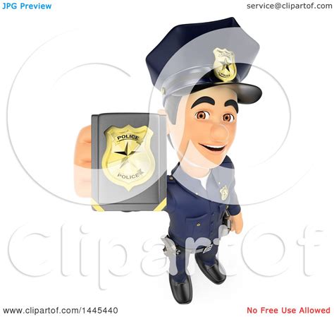 Clipart Of A 3d Male Police Officer Holding Up A Badge On A White