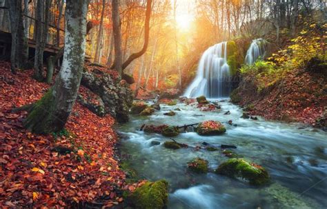 Waterfall At Mountain River Sunset Waterfall Landscape Mountain