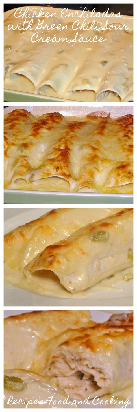 Put chicken mixture on half the tortilla and top with shredded cheese. Chicken Enchiladas with Green Chili Sour Cream Sauce ...