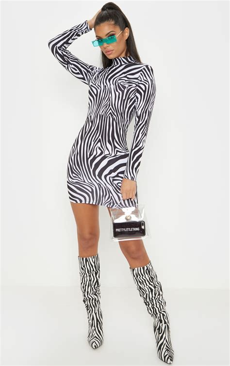 Monochrome Zebra Print Bodycon Dress Prettylittlething Ca