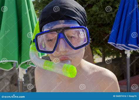 Happy Boy Is With Snorkel Stock Photo Image Of 13years 56007416