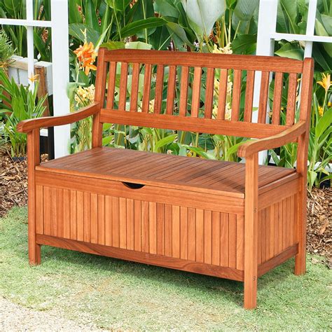 Gymax 42 Storage Bench Deck Box Solid Wood Seating Container Tools