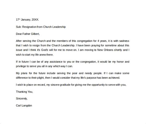 Letter Of Resignation From Church Leadership Cover Letter Sample For