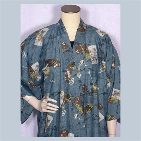 Vintage 1950s Kimono Robe Blue Printed Silk Excellent Quality Made In