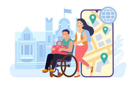 Disabled Man And Woman Travel World Phone Application Couple With
