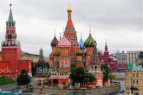 Above St Basils Cathedral Red Square And Kremlin Panorama Moscow Stock