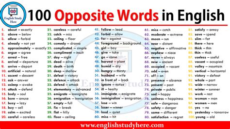Antonym Opposite Words List In English 100 Opposite Words In English