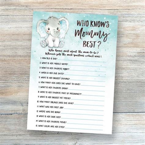 Elephant Who Knows Mommy Best Printable Mommy Quiz Baby Boy Baby Shower