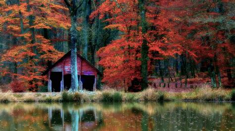 Autumn Log Cabin Desktop Wallpaper