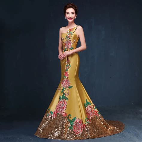 Sexy Oriental Dress 2016 Strapless Gold Mermaid Cheongsam Evening Dress