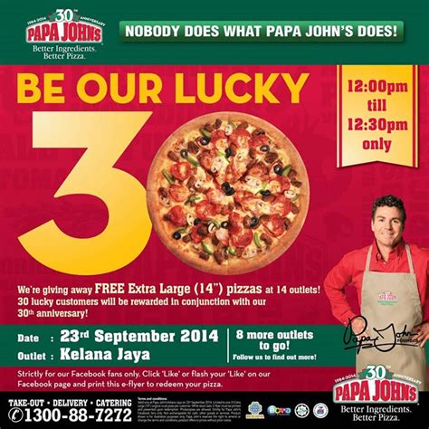 If you're looking for great tasting pizza in kuala lumpur, malaysia, take a look at the papa johns menu for a wide and. Papa John's: FREE Extra Large (14") pizzas! (22nd & 23rd ...