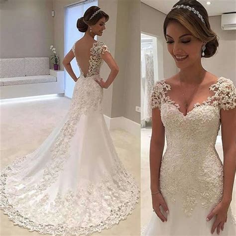 2017 Simple White Lace Wedding Dresses Cap Sleeves Backless Bridal