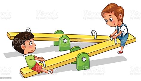 Kids Play Seesaw Cartoon Style Stock Illustration Download Image Now