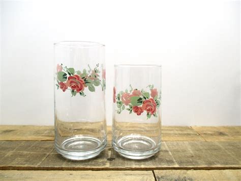 Large Set Of Vintage Pink Rose Glasses Drinking Glasses Etsy