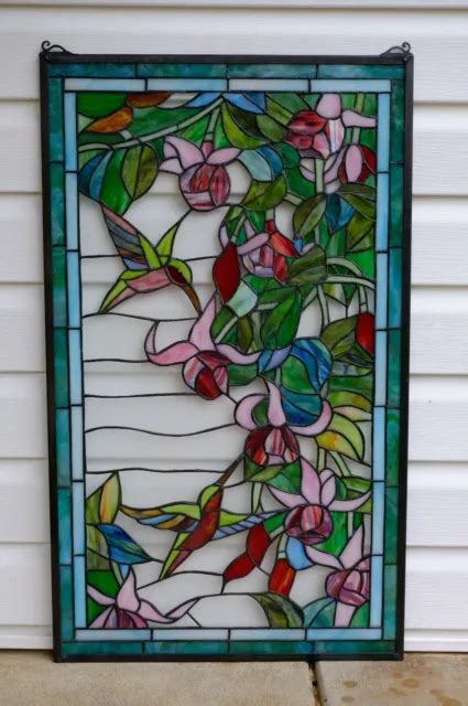 Large Handcrafted Stained Glass Window Panel Hummingbirds And Flower 20