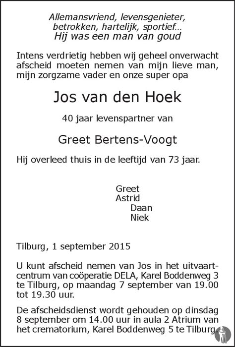 Jos Van Den Hoek 01 09 2015 Overlijdensbericht En Condoleances