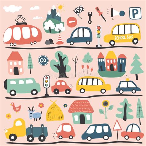 Cars Cartoon Set Cute Transport Doodles Collection Vector