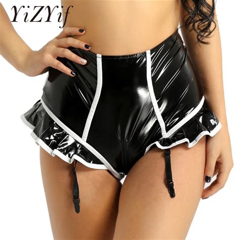 Buy Yizyif Women Wetlook Sexy Panties Clubwear Faux Leather Ruffled Zipper