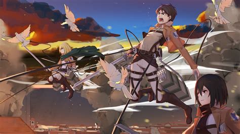 Attack On Titan Armin Arlert Eren Yeager Mikasa Ackerman Are Flying Near Birds And Blue Sky On