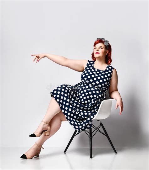 Pin Up A Female Portrait Beautiful Retro Fat Woman In Polka Dot Dress With Red Lips And Old