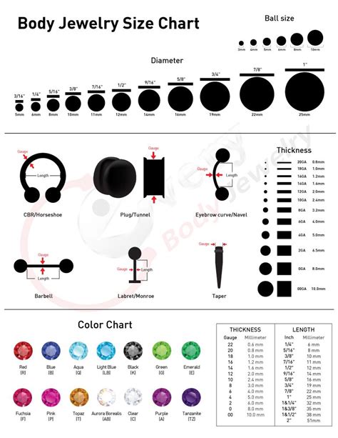 Every Body Jewelry Size Chart Real Life Size Chart For Body Jewelry Thickness Length Ball