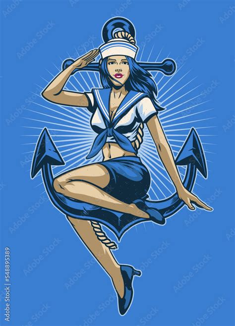 Sailor Pin Up Girl Saluting With Anchor Background Stock Vektorgrafik Adobe Stock