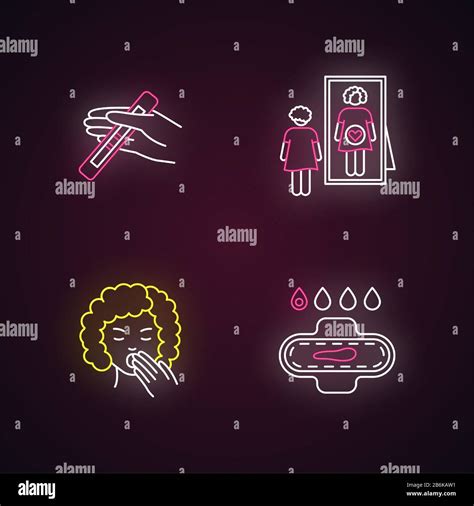 Early Pregnancy Symptom Neon Light Icons Set Positive Test For Pregnant Woman Lady Feeling