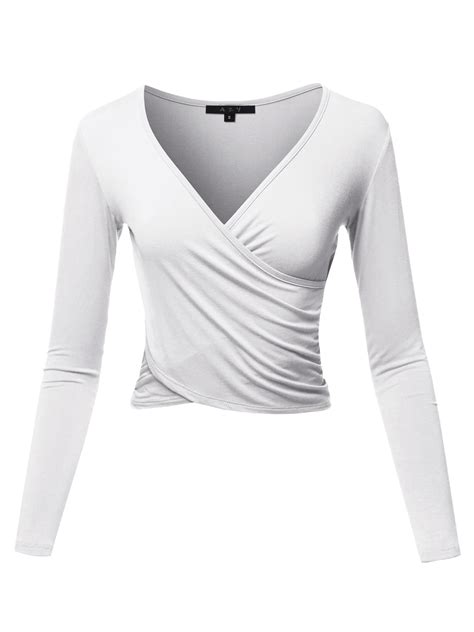 a2y a2y women s long sleeve deep v neck cross wrap crop top t shirts white s